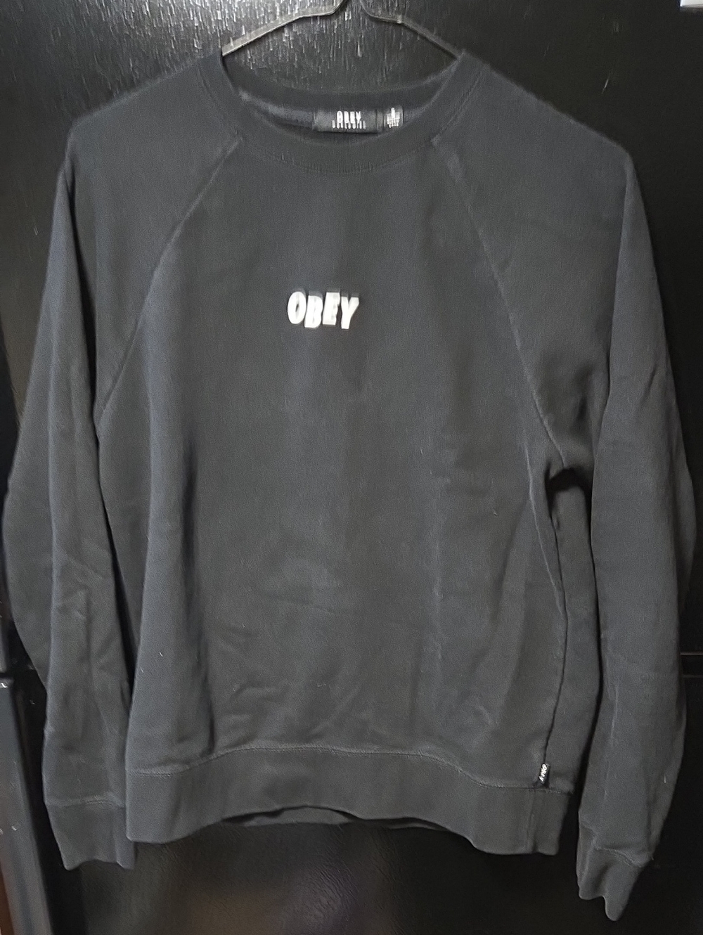 Obey Black Crewneck Sweatshirt with White Chest Logo Sz S Women